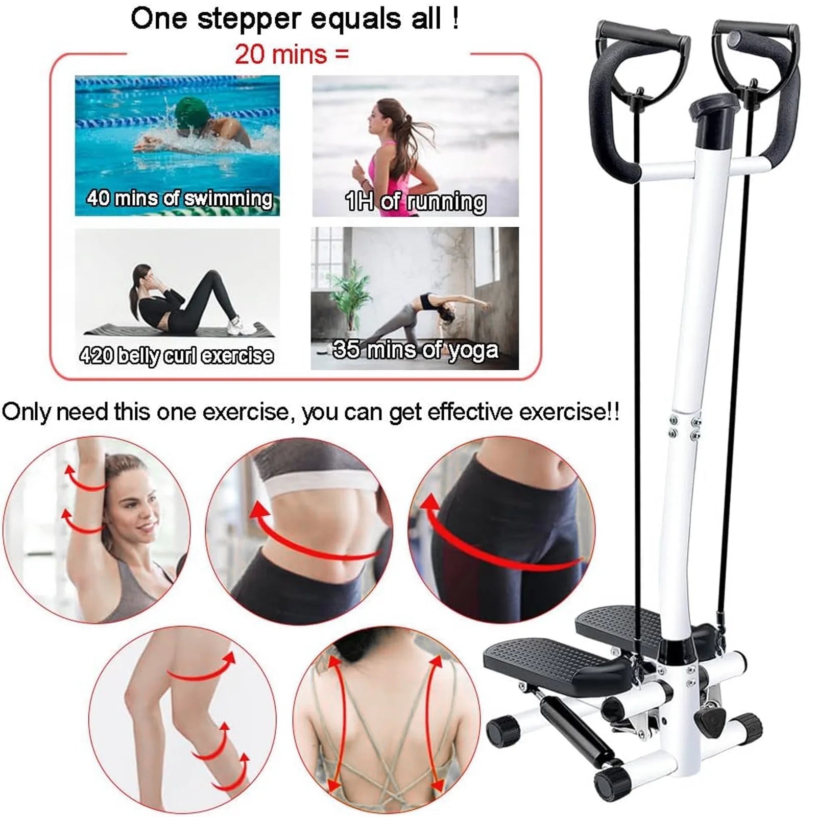 Steppers for Exercise, Mini Stair Stepper with Resistance Bands and Handlebar, 2 Ways to Use, Stair Climber Fitness Exercise Equipment for Full Body Training, 220 Lbs Weight Capacity