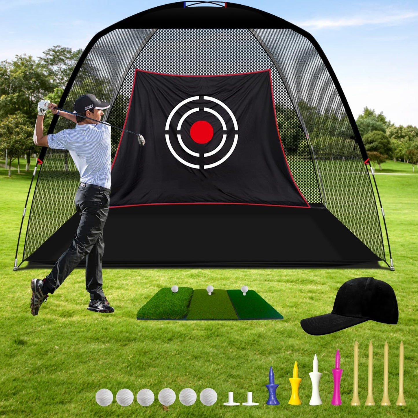 Golf Hitting Net - Including Real Balls/Turf Mat/Tees/Hat/Target/Bag: Gift for Mens Golf Lovers - Indoor Outdoor Garage Use