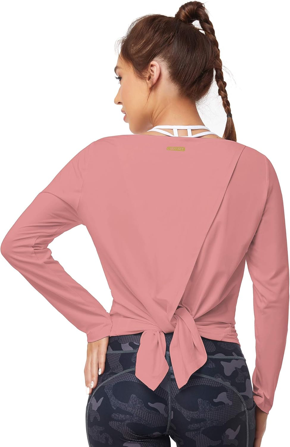 Open Back Workout Tops for Women Long Sleeve Yoga Tops Split Back T-Shirts Athletic Tunis Tops Athleisure Womens Clothes for Gym Running Exercise Sports Pink X-Small